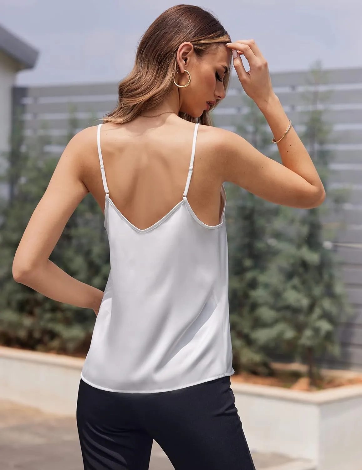 Ekouaer Women's Lace Silk Satin Pajama Tank Tops V Neck Camisole Soft Spaghetti Strap Tops Loose Sleepwear S-3XL