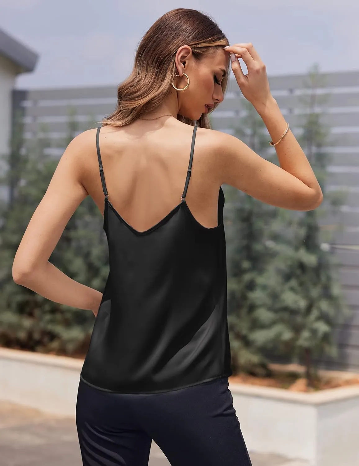 Ekouaer Women's Lace Silk Satin Pajama Tank Tops V Neck Camisole Soft Spaghetti Strap Tops Loose Sleepwear S-3XL