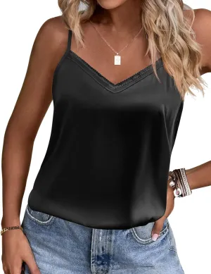 Ekouaer Women's Lace Silk Satin Pajama Tank Tops V Neck Camisole Soft Spaghetti Strap Tops Loose Sleepwear S-3XL