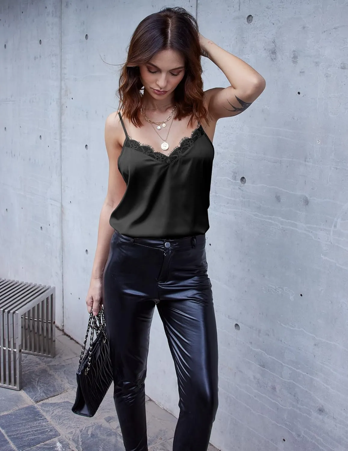 Ekouaer Women's Satin Camisole Lace Silk Satin Pajama Tank Tops V Neck Soft Spaghetti Strap Loose Sleepwear