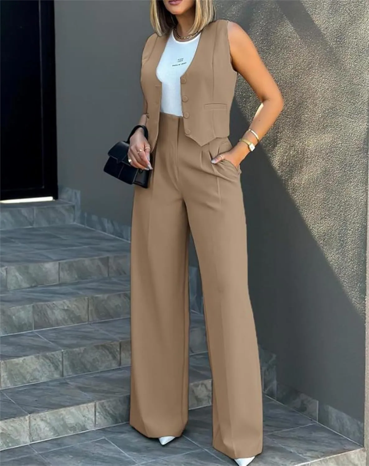Elegant & Casual Women's Fashionable Blazer Vest & Wide-Leg Pants Set - Stylish & Comfortable for Daily Wear