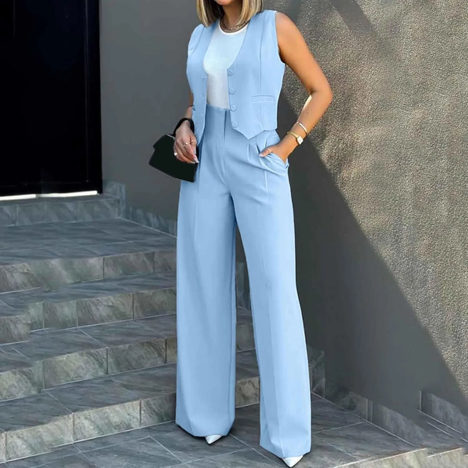 Elegant & Casual Women's Fashionable Blazer Vest & Wide-Leg Pants Set - Stylish & Comfortable for Daily Wear