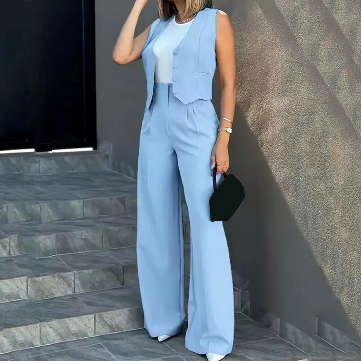 Elegant & Casual Women's Fashionable Blazer Vest & Wide-Leg Pants Set - Stylish & Comfortable for Daily Wear