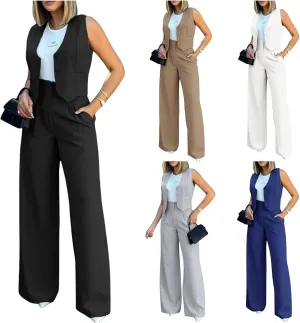 Elegant & Casual Women's Fashionable Blazer Vest & Wide-Leg Pants Set - Stylish & Comfortable for Daily Wear