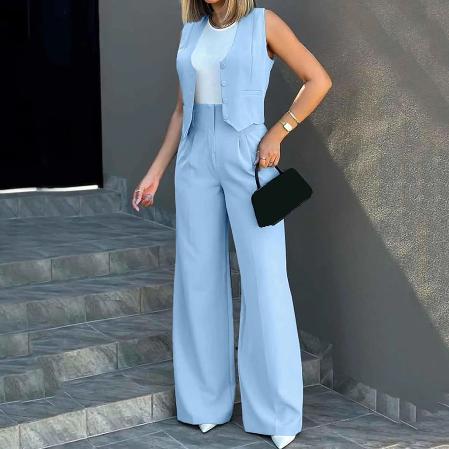 Elegant & Casual Women's Fashionable Blazer Vest & Wide-Leg Pants Set - Stylish & Comfortable for Daily Wear