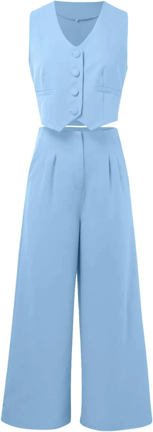 Elegant & Casual Women's Fashionable Blazer Vest & Wide-Leg Pants Set - Stylish & Comfortable for Daily Wear