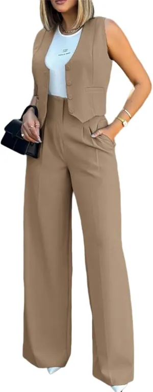 Elegant & Casual Women's Fashionable Blazer Vest & Wide-Leg Pants Set - Stylish & Comfortable for Daily Wear