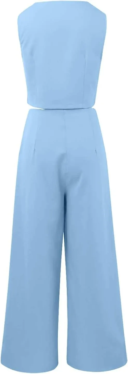 Elegant & Casual Women's Fashionable Blazer Vest & Wide-Leg Pants Set - Stylish & Comfortable for Daily Wear