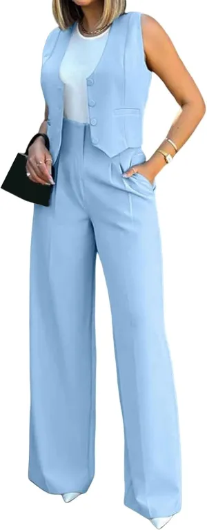 Elegant & Casual Women's Fashionable Blazer Vest & Wide-Leg Pants Set - Stylish & Comfortable for Daily Wear