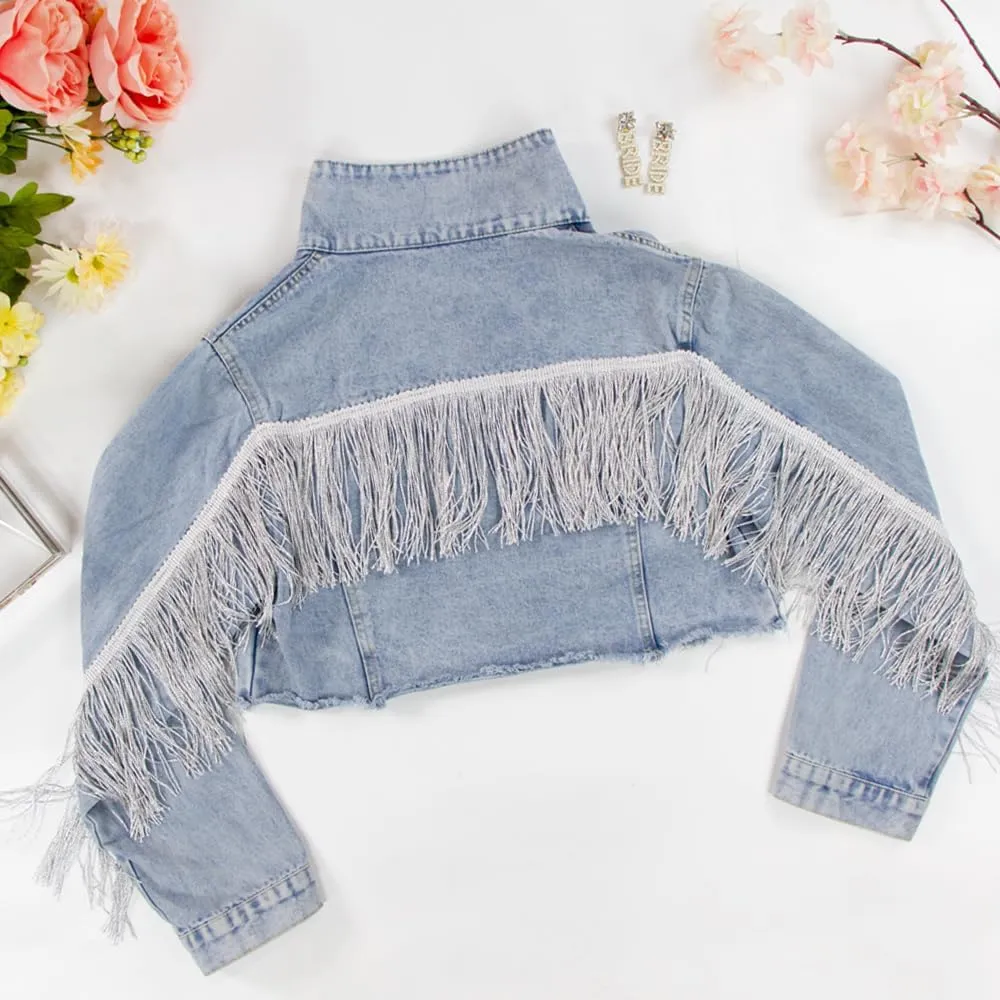 Elegant Fringe Cropped Denim Jacket for Women  Modern Cropped Silhouette & Comfortable Distressed Fabric