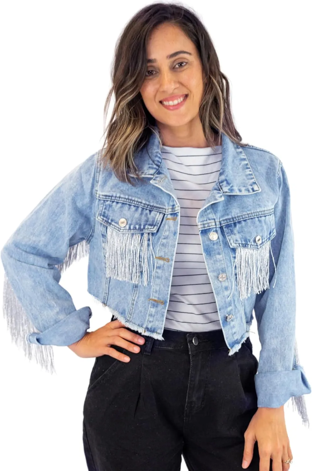 Elegant Fringe Cropped Denim Jacket for Women  Modern Cropped Silhouette & Comfortable Distressed Fabric