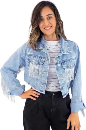 Elegant Fringe Cropped Denim Jacket for Women  Modern Cropped Silhouette & Comfortable Distressed Fabric