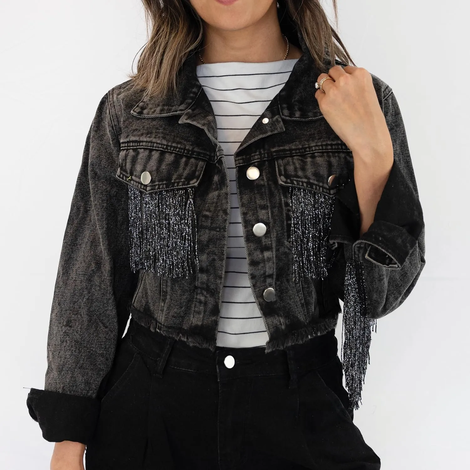 Elegant Fringe Cropped Denim Jacket for Women  Modern Cropped Silhouette & Comfortable Distressed Fabric