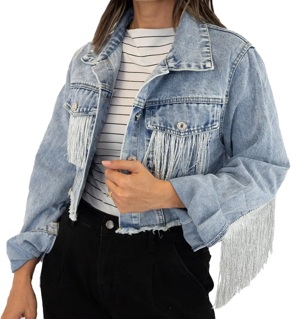 Elegant Fringe Cropped Denim Jacket for Women  Modern Cropped Silhouette & Comfortable Distressed Fabric