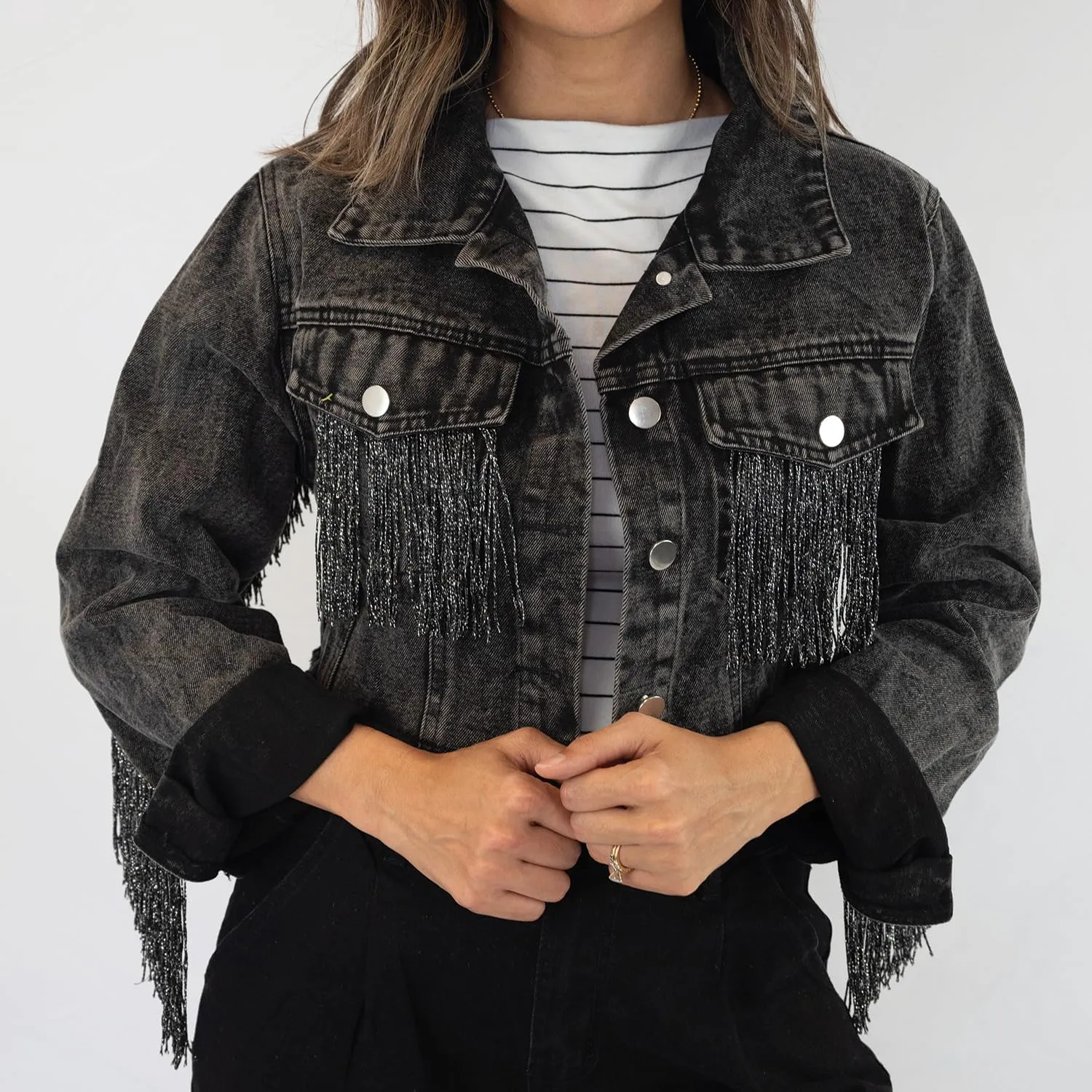 Elegant Fringe Cropped Denim Jacket for Women  Modern Cropped Silhouette & Comfortable Distressed Fabric