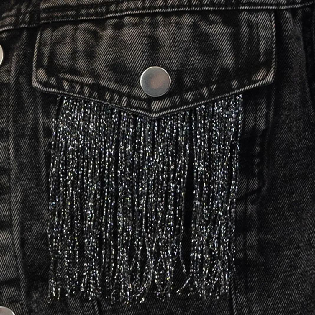 Elegant Fringe Cropped Denim Jacket for Women  Modern Cropped Silhouette & Comfortable Distressed Fabric