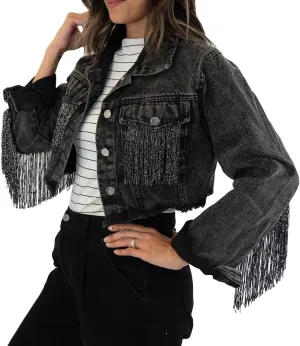 Elegant Fringe Cropped Denim Jacket for Women  Modern Cropped Silhouette & Comfortable Distressed Fabric