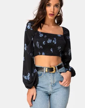 Elina Top in Satin Black Mono Flower