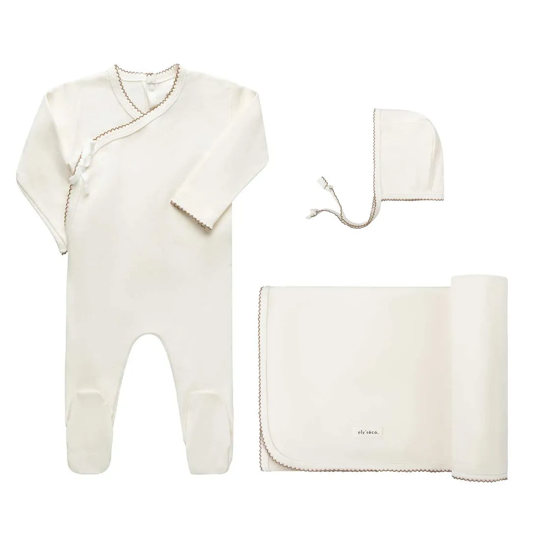 Elys & Co Ribbed Cream/Taupe Solid Kimono 3 Pc Giftbox