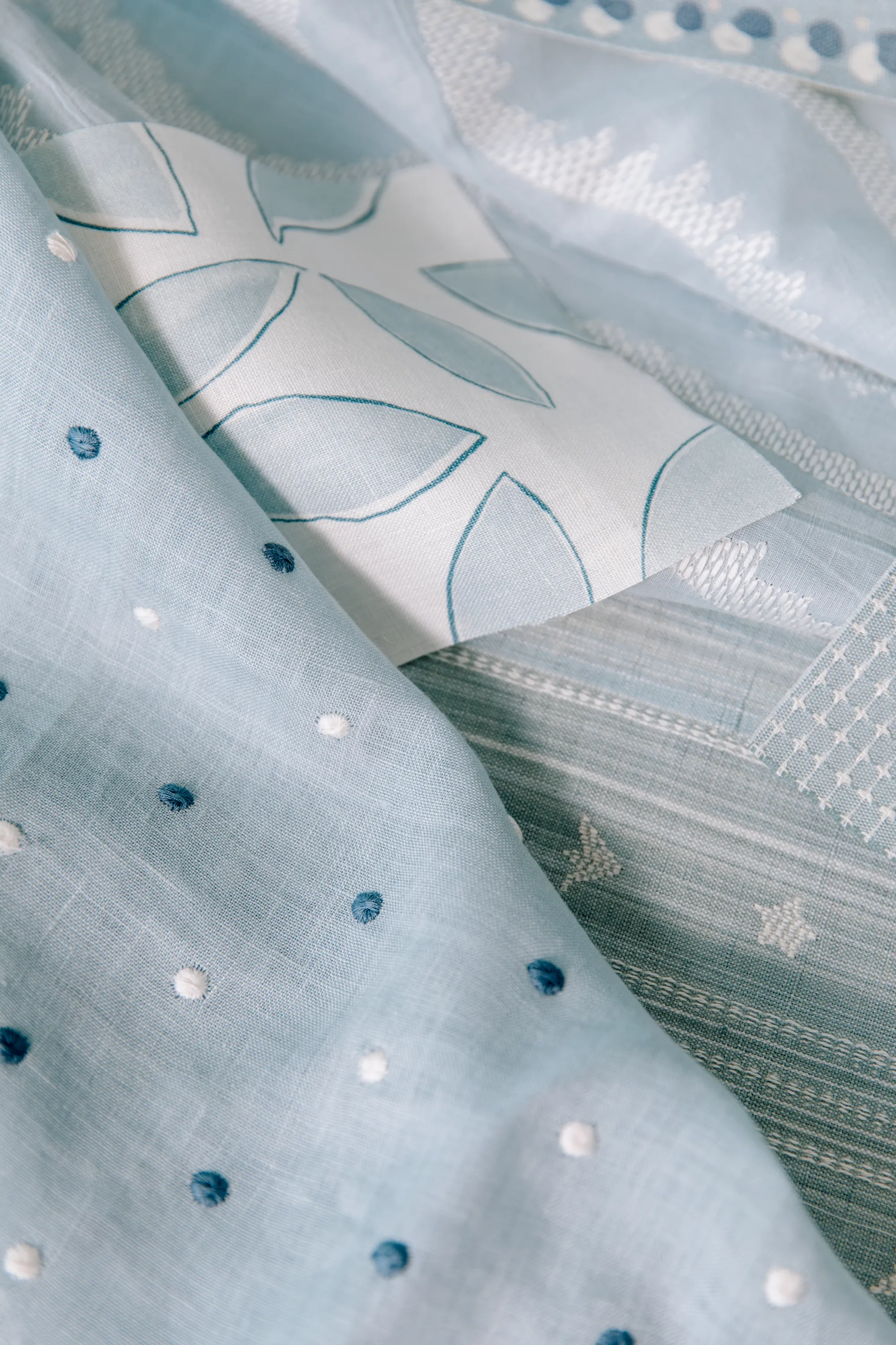 Embroidered Dots Sheer Fabric in Light Blue