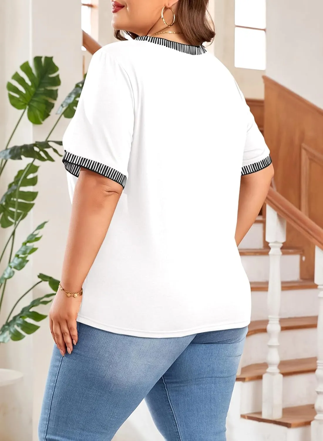 Eytino Womens Plus Size T Shirts Crewneck Striped Color Block Short Sleeve Tops Loose Casual Tee Shirts Blouse(1X-5X)