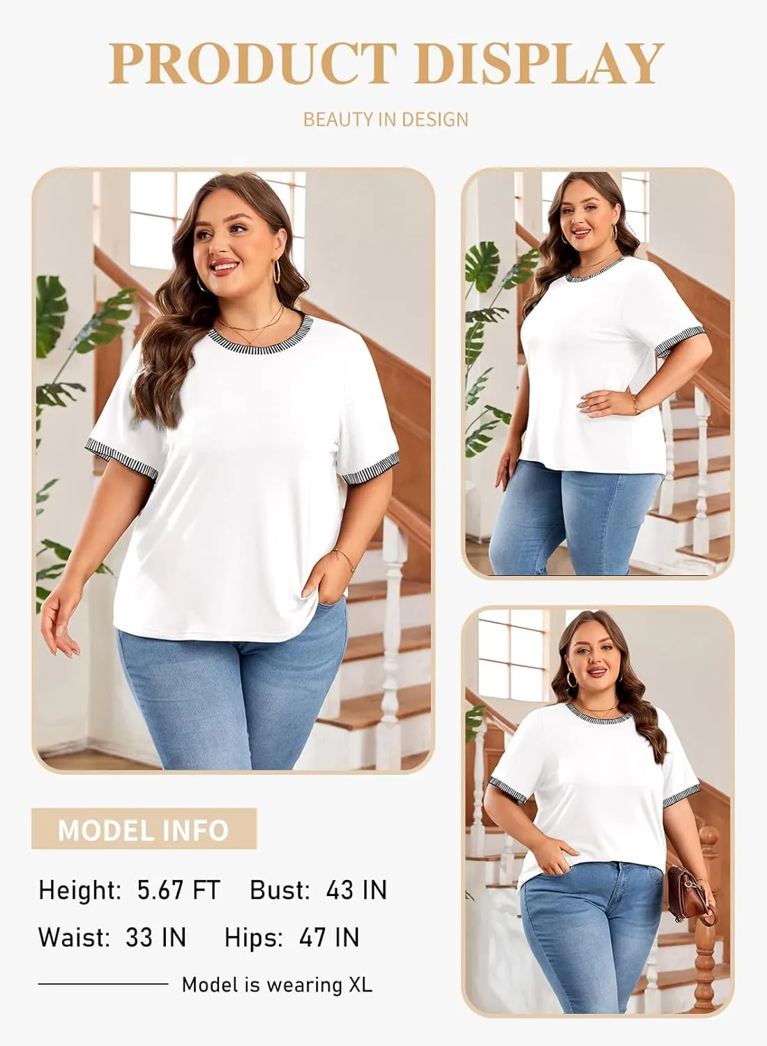 Eytino Womens Plus Size T Shirts Crewneck Striped Color Block Short Sleeve Tops Loose Casual Tee Shirts Blouse(1X-5X)