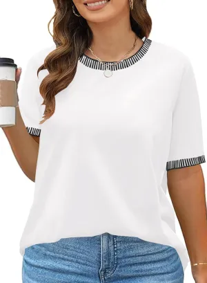 Eytino Womens Plus Size T Shirts Crewneck Striped Color Block Short Sleeve Tops Loose Casual Tee Shirts Blouse(1X-5X)