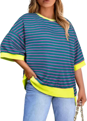 Eytino Womens Plus Size Tops Casual Short Sleeve Striped Color Block Shirts Crewneck Pullover T Shirts(1X-5X)