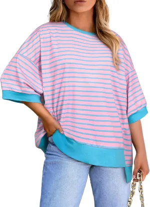 Eytino Womens Plus Size Tops Casual Short Sleeve Striped Color Block Shirts Crewneck Pullover T Shirts(1X-5X)