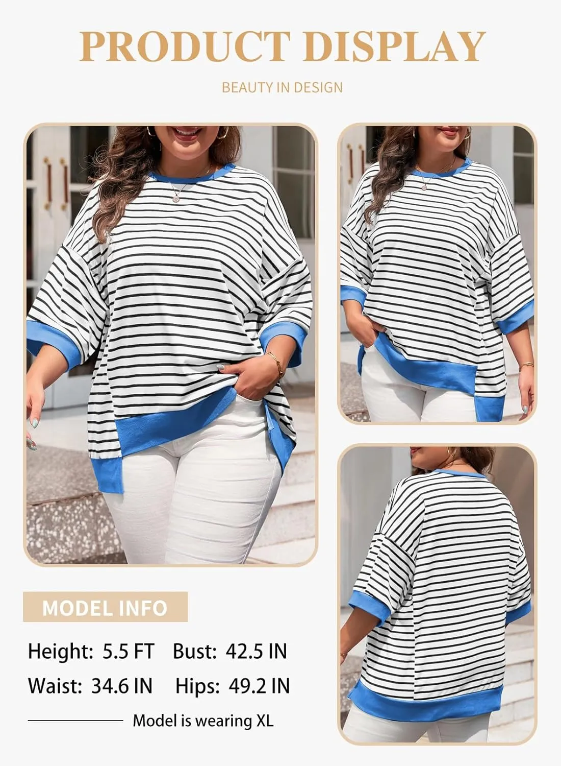 Eytino Womens Plus Size Tops Casual Short Sleeve Striped Color Block Shirts Crewneck Pullover T Shirts(1X-5X)