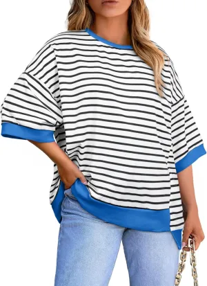 Eytino Womens Plus Size Tops Casual Short Sleeve Striped Color Block Shirts Crewneck Pullover T Shirts(1X-5X)