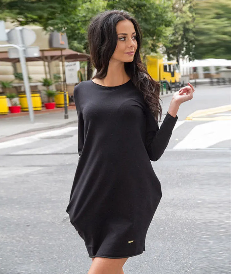 Fashion Loose Hidden Poctkets Long Sleeve Short Dress