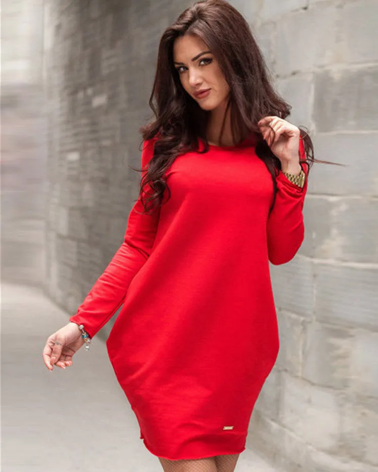 Fashion Loose Hidden Poctkets Long Sleeve Short Dress