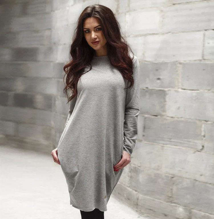 Fashion Loose Hidden Poctkets Long Sleeve Short Dress