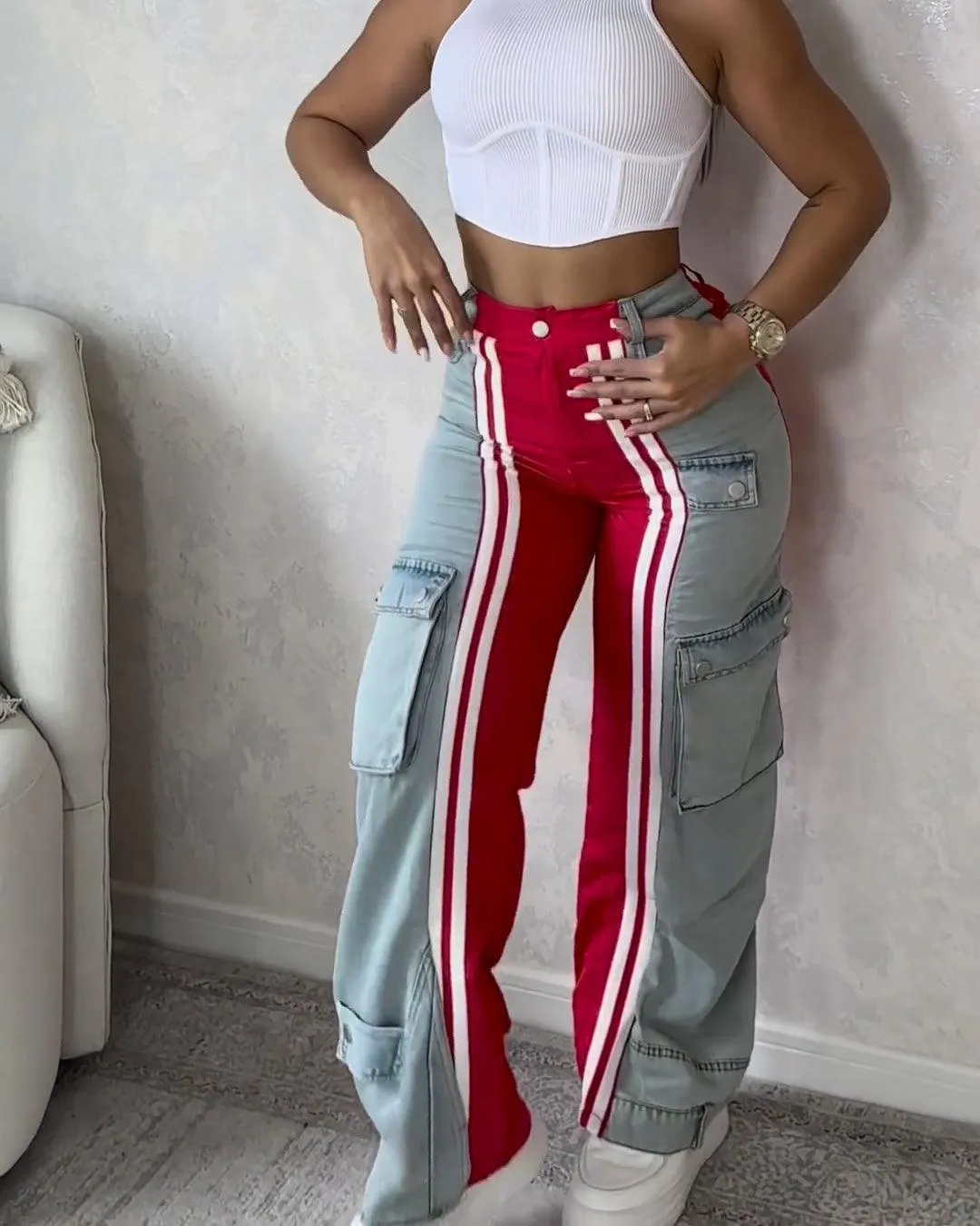 Fashion Trendy Double Color Demin Pants