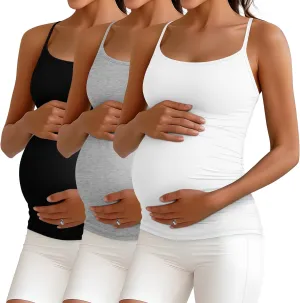 Ficerd 3 Pack Women's Maternity Tank Top Cotton Camisole with Adjustable Straps Comfort Tops Side Ruched Stretch Soft Shirts