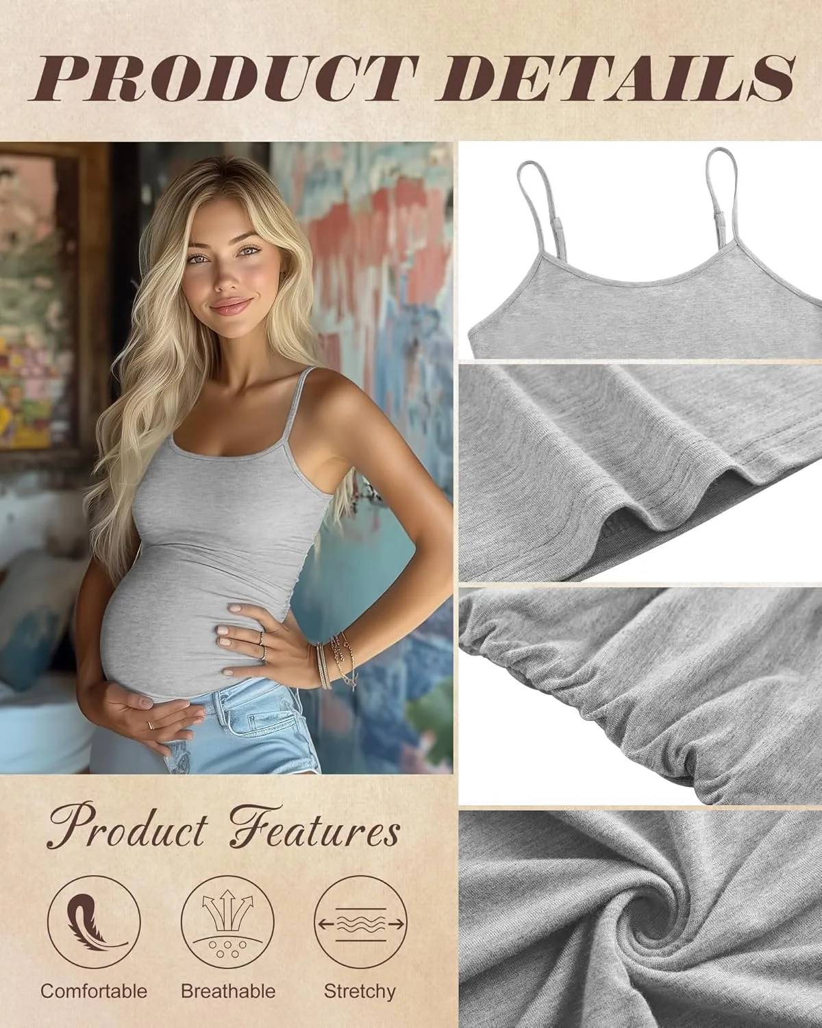 Ficerd 3 Pack Women's Maternity Tank Top Cotton Camisole with Adjustable Straps Comfort Tops Side Ruched Stretch Soft Shirts