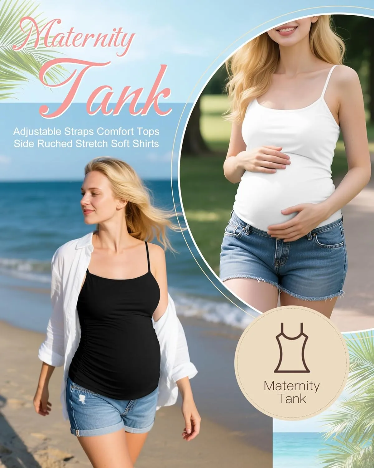 Ficerd 3 Pack Women's Maternity Tank Top Cotton Camisole with Adjustable Straps Comfort Tops Side Ruched Stretch Soft Shirts