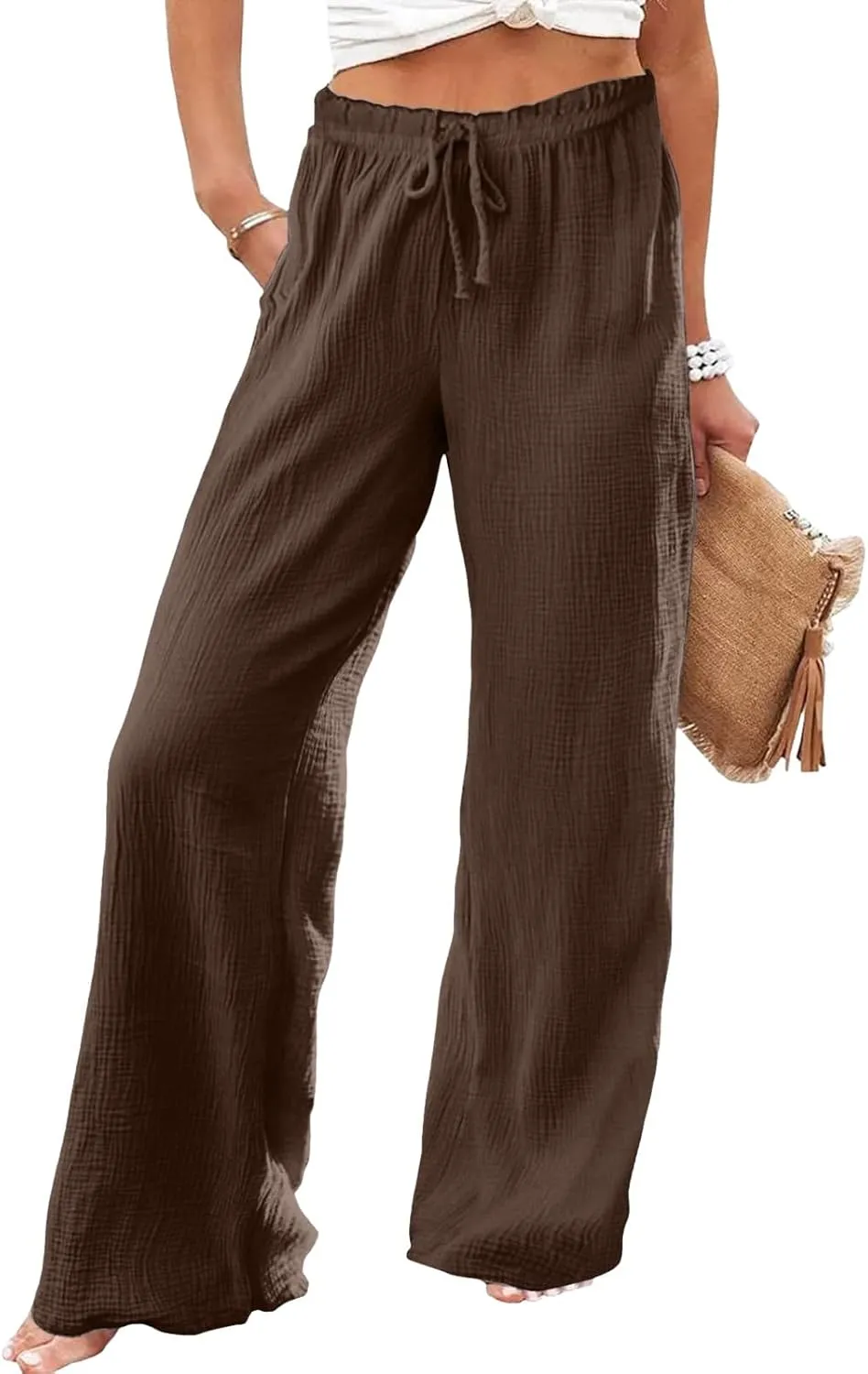 Flowy Pants for Women Elastic Waist Wide Leg Trousers Lightweight Linen Blend Casual Summer Beachwear Relaxed