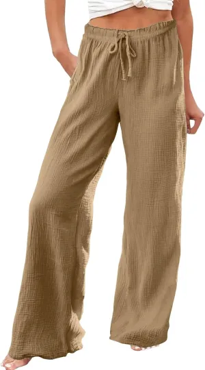 Flowy Pants for Women Elastic Waist Wide Leg Trousers Lightweight Linen Blend Casual Summer Beachwear Relaxed