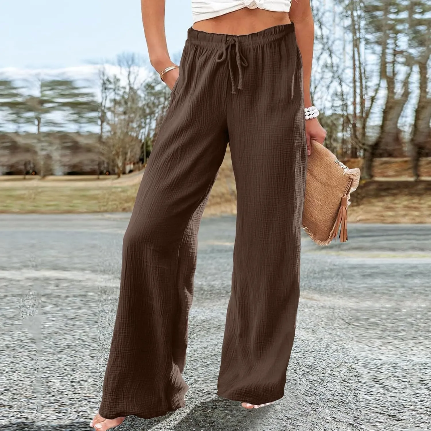 Flowy Pants for Women Elastic Waist Wide Leg Trousers Lightweight Linen Blend Casual Summer Beachwear Relaxed