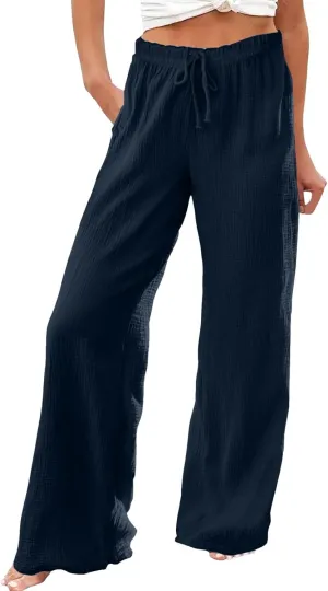 Flowy Pants for Women Elastic Waist Wide Leg Trousers Lightweight Linen Blend Casual Summer Beachwear Relaxed