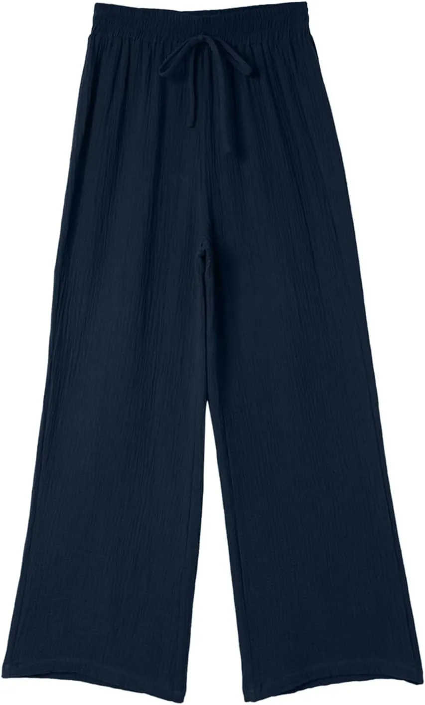 Flowy Pants for Women Elastic Waist Wide Leg Trousers Lightweight Linen Blend Casual Summer Beachwear Relaxed