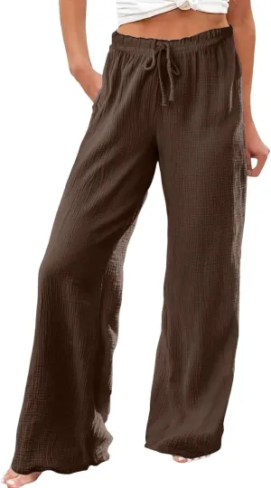 Flowy Pants for Women Elastic Waist Wide Leg Trousers Lightweight Linen Blend Casual Summer Beachwear Relaxed