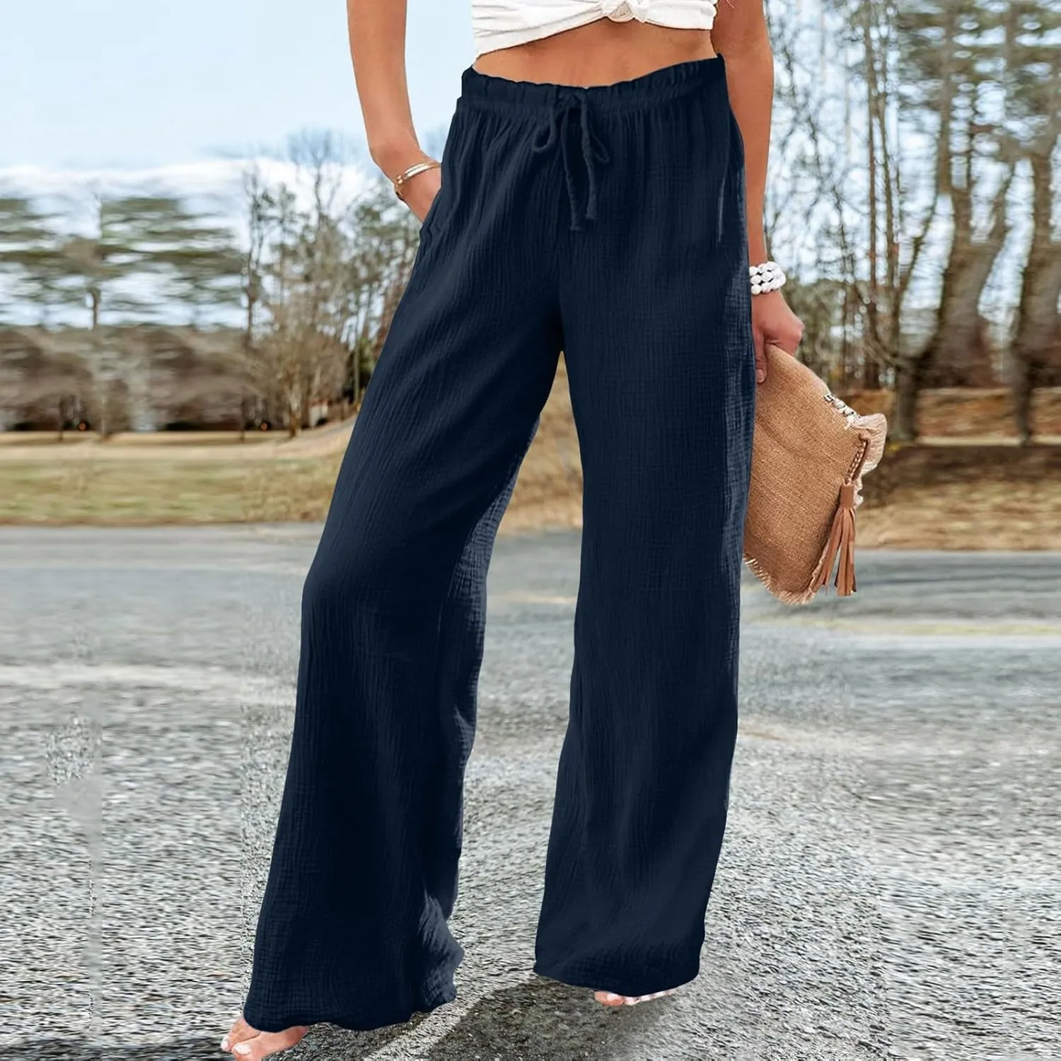 Flowy Pants for Women Elastic Waist Wide Leg Trousers Lightweight Linen Blend Casual Summer Beachwear Relaxed