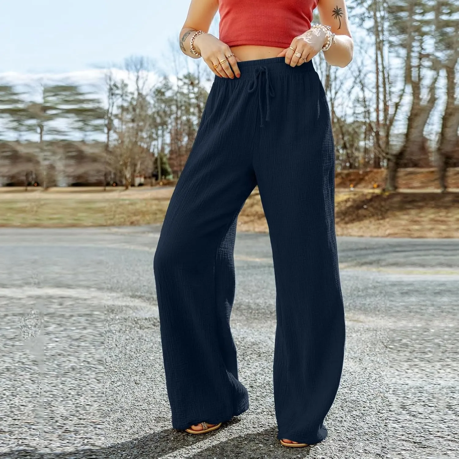 Flowy Pants for Women Elastic Waist Wide Leg Trousers Lightweight Linen Blend Casual Summer Beachwear Relaxed