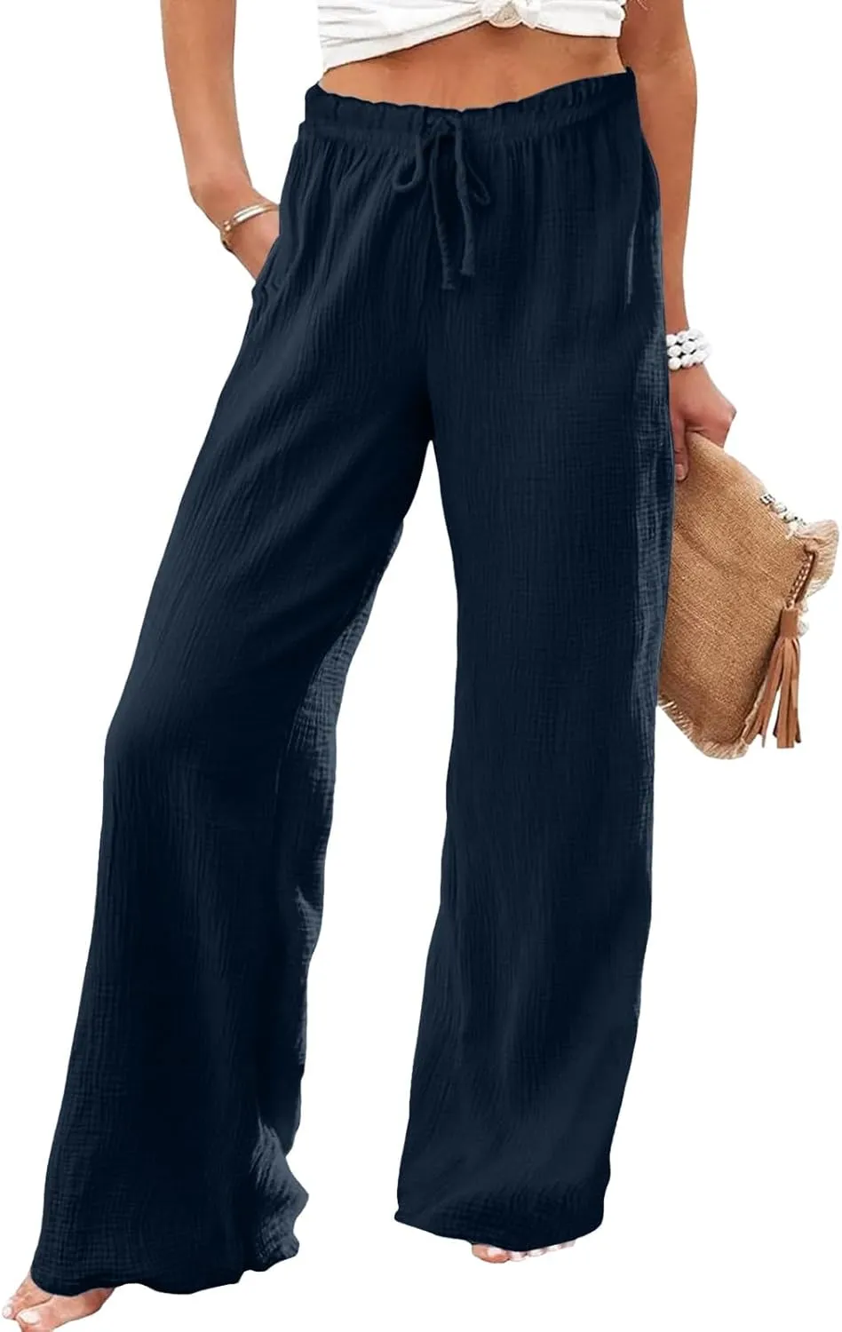 Flowy Pants for Women Elastic Waist Wide Leg Trousers Lightweight Linen Blend Casual Summer Beachwear Relaxed