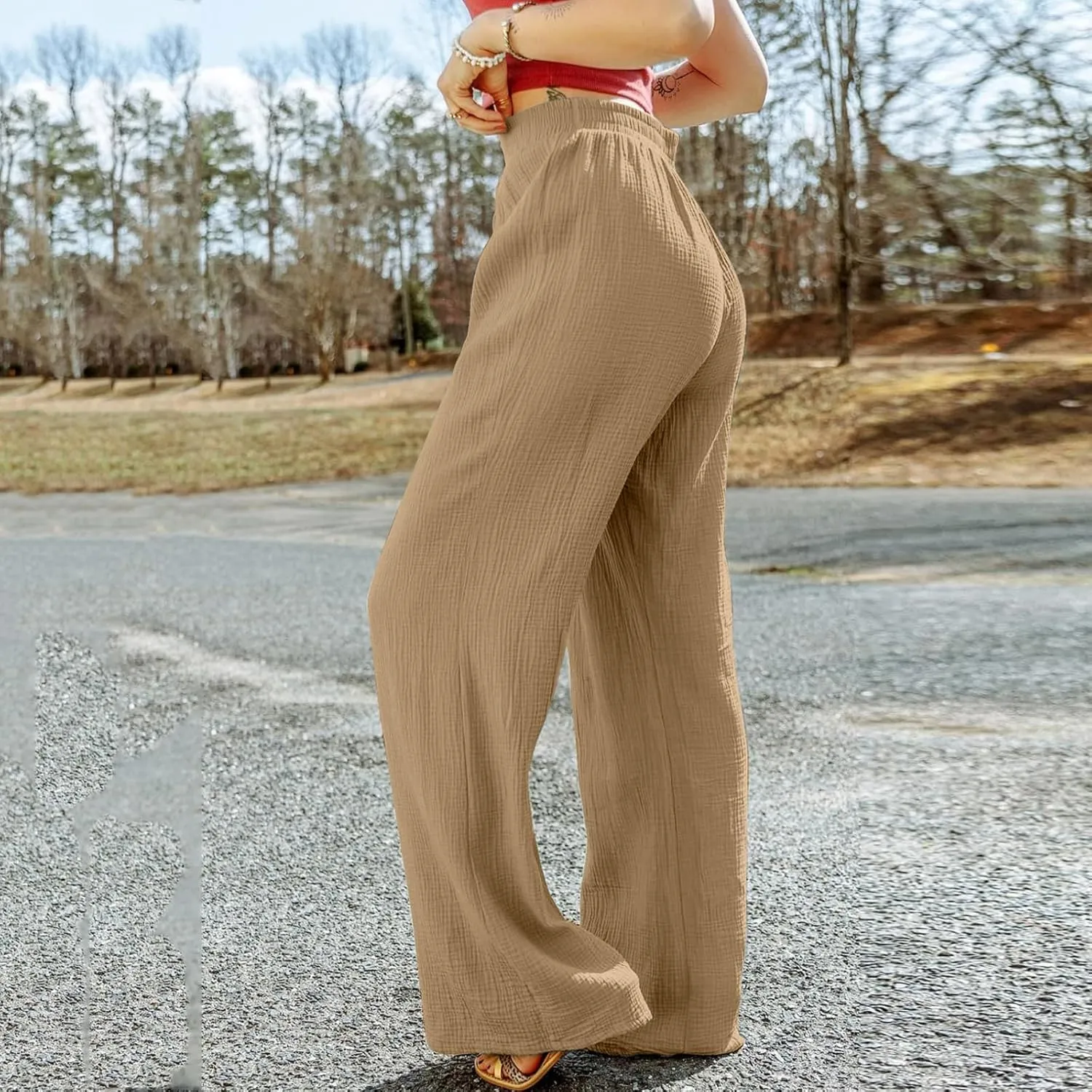 Flowy Pants for Women Elastic Waist Wide Leg Trousers Lightweight Linen Blend Casual Summer Beachwear Relaxed
