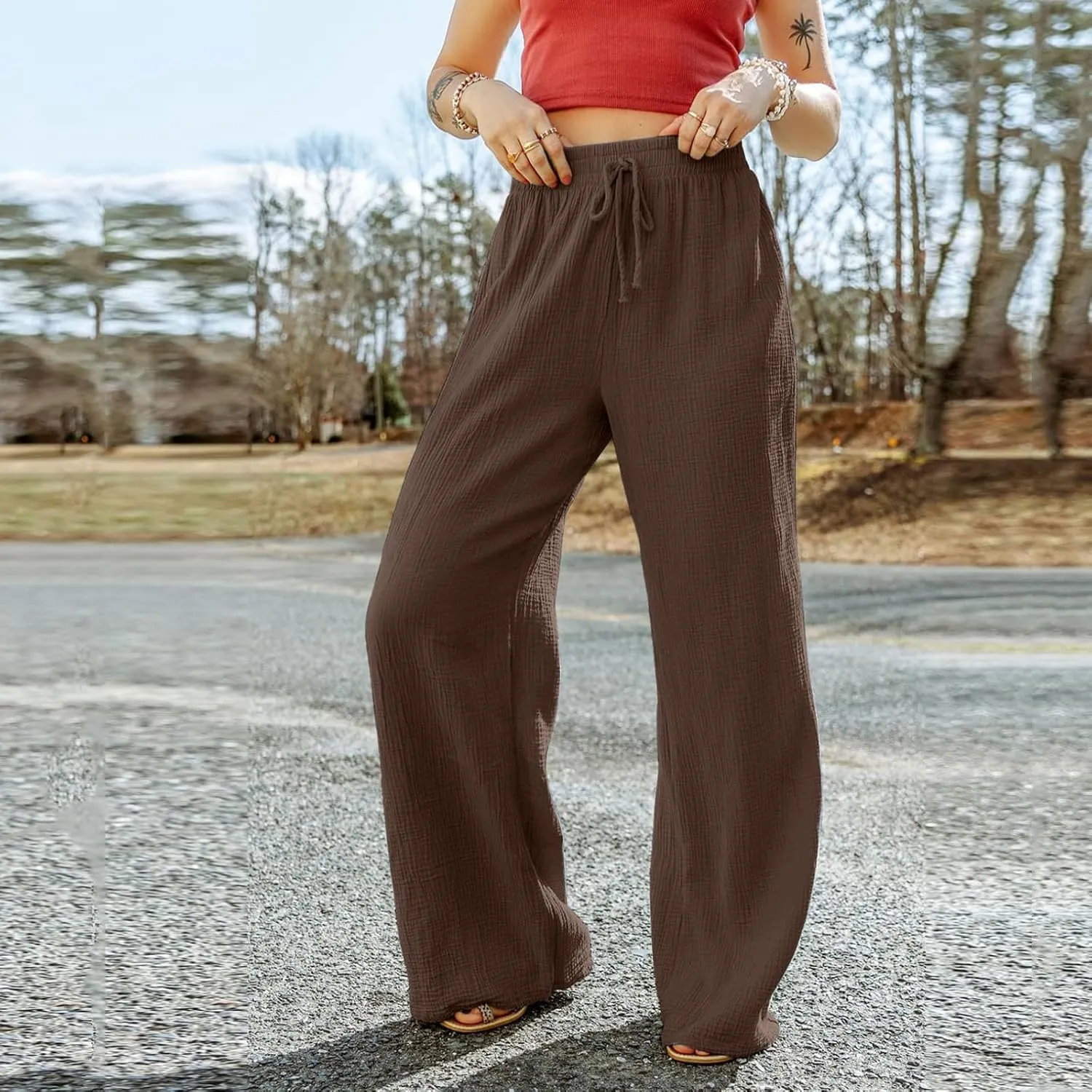 Flowy Pants for Women Elastic Waist Wide Leg Trousers Lightweight Linen Blend Casual Summer Beachwear Relaxed