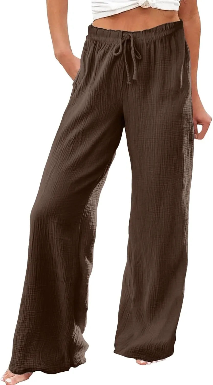 Flowy Pants for Women Elastic Waist Wide Leg Trousers Lightweight Linen Blend Casual Summer Beachwear Relaxed